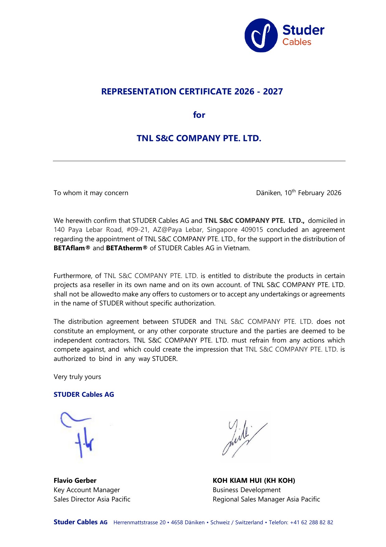 Studer Representation Certificate 2026-2027